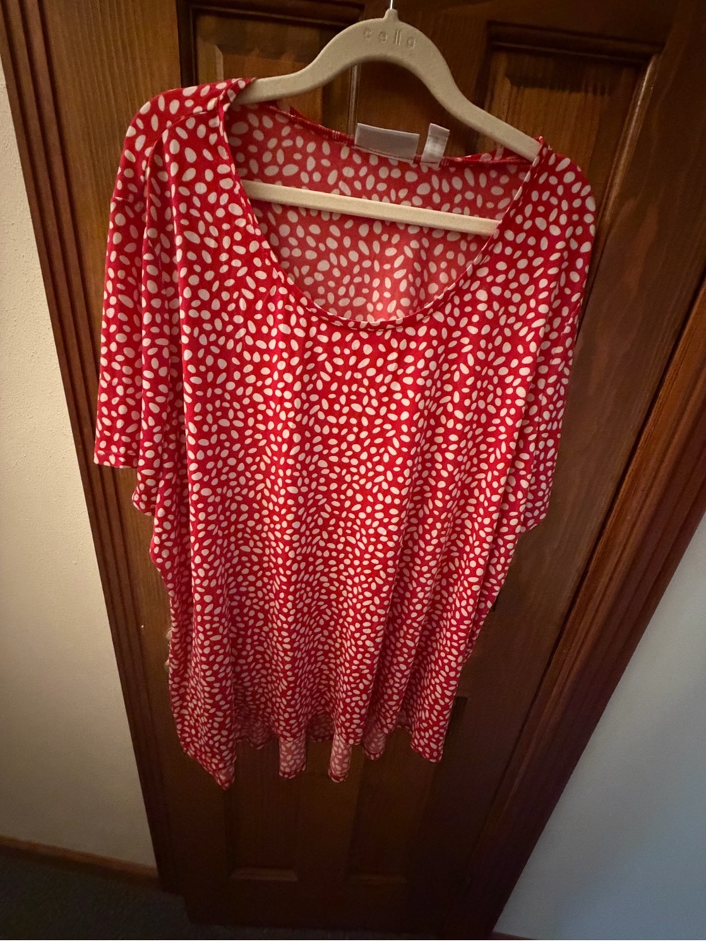 Susan Graver Red Scoop Neck Tunic with White Dot Print
